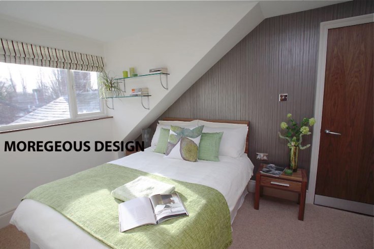 Finished bedroom with dormer window to left, slate paper reflecting the tiles to the outside roof, and limes greens to tie in with the views out to the trees