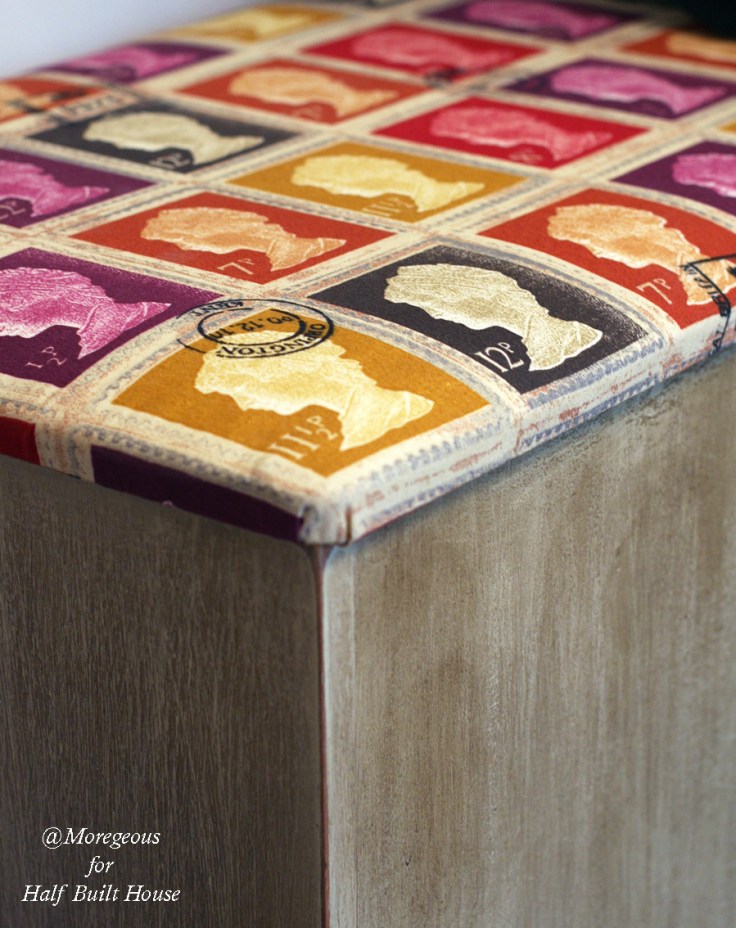 Chalk painted toy box with first class stamp fabric