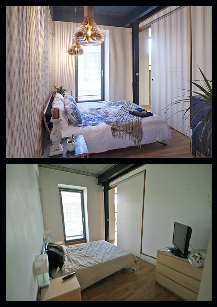 Glamorous industrial bedroom in apartment interior design