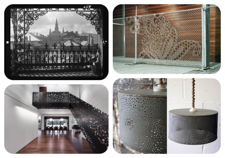 Clockwise: Top left:  Iron lace work in New Orleans; Unknown fence work; metal pendant at Rockett St George; Iron staircase by Gestion René Desjardins
