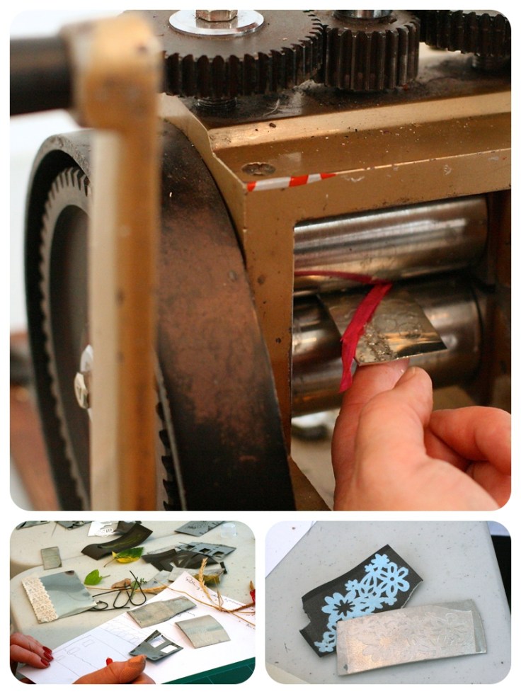 Pewter being imprinted with pattern through a roller