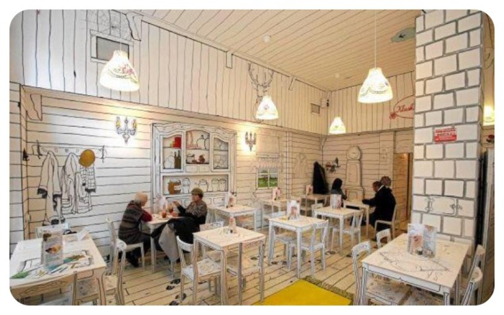 Warsaw cafe with white drawn walls