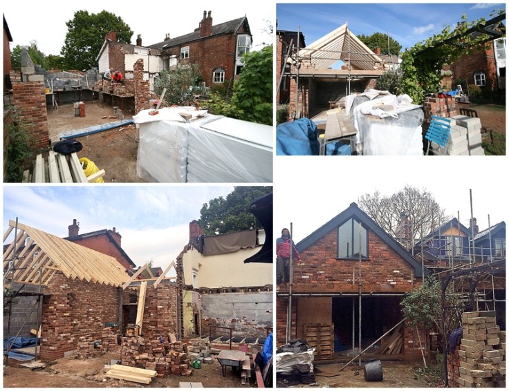 Building progression of reclaimed brick garage