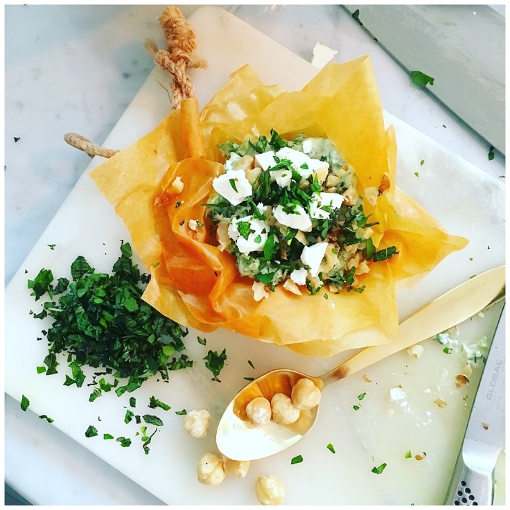 Filo pastry with peas and creme fraiche