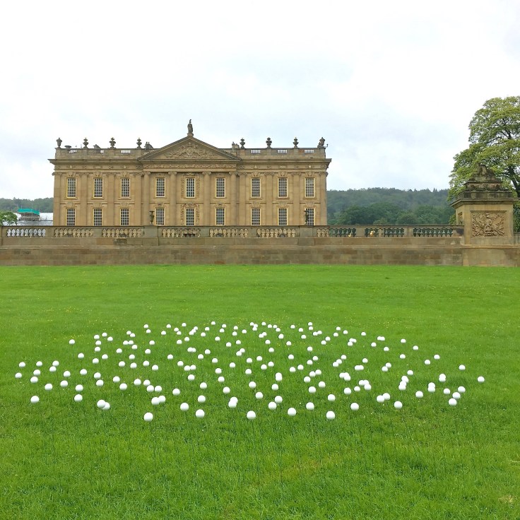 Wind Installation with white polystyrene balls at Chatsworth RHS 2017