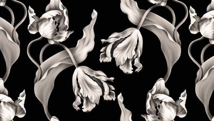 EllieCashmanFloralFabricTwistingTulipsBlackSilkSatinFactSheetImage